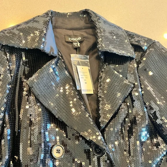 BEBE NWT SEQUIN TRENCH COAT BLACK SHINY TUXEDO COUTURE GALA FORMAL JACKET GLAMOR - Picture 16 of 16